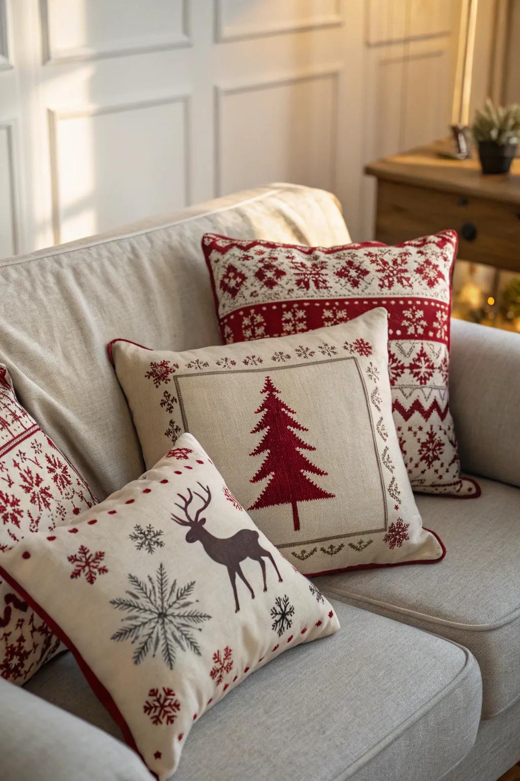 Holiday-themed pillows add a playful element to home decor.