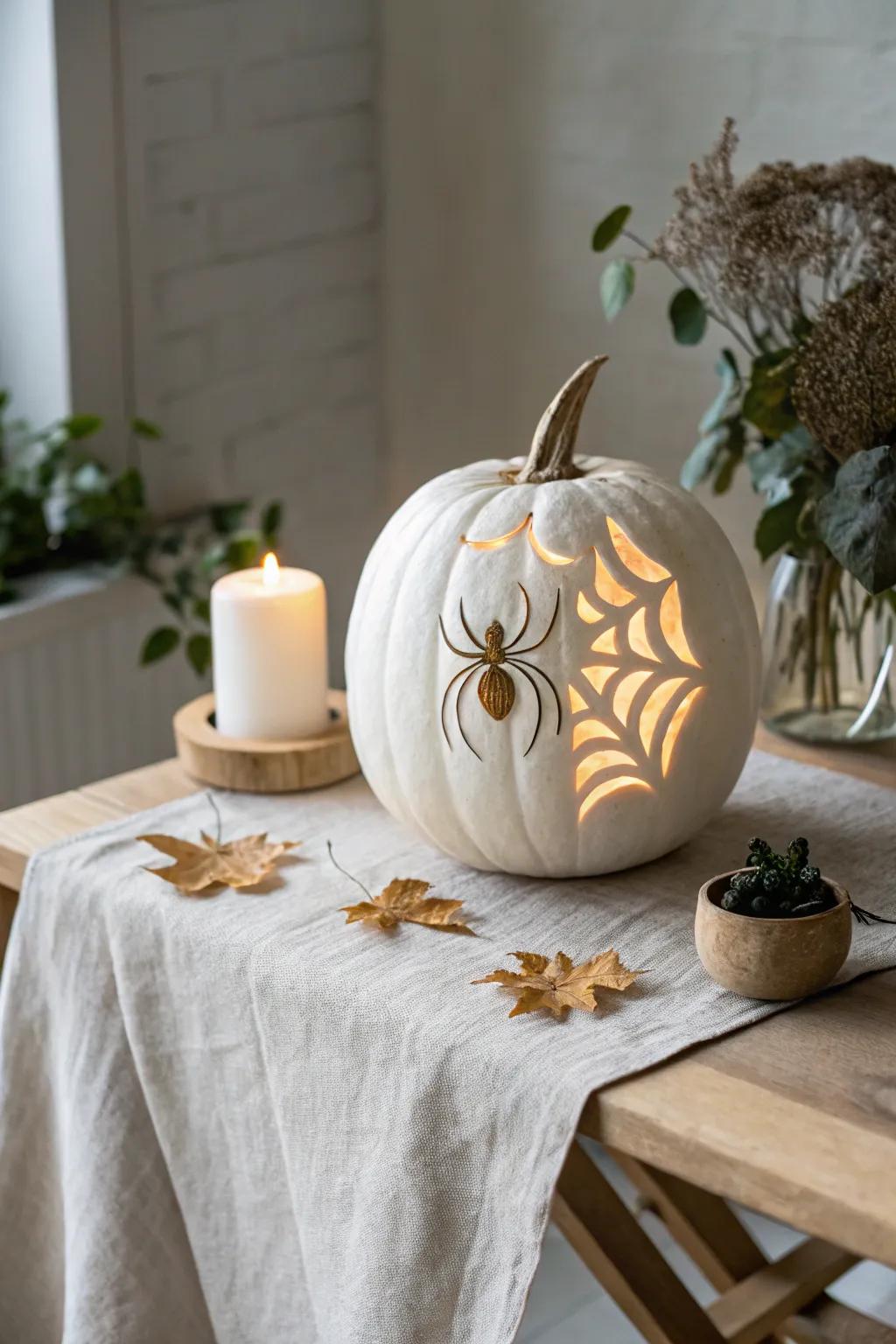 Delicate craftsmanship meets eerie elegance in this minimalist spider jack-o'-lantern design.