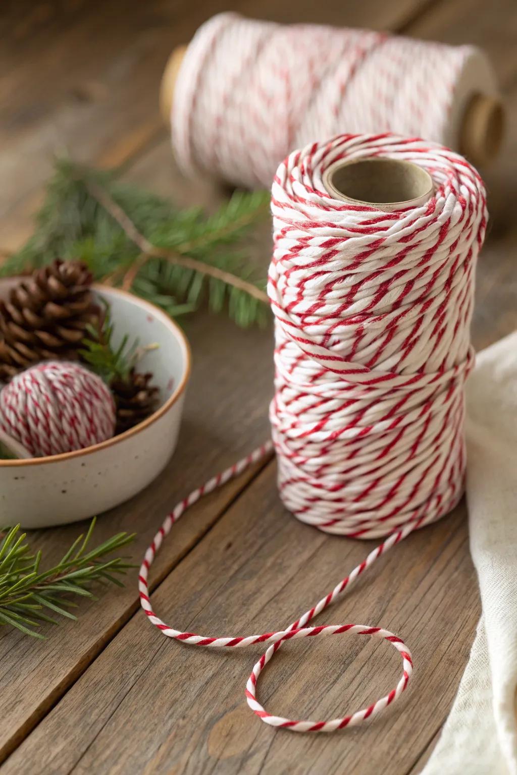 Add a personal touch to your gifts with handmade candy cane fabric twine, blending festive flair with minimalist elegance.