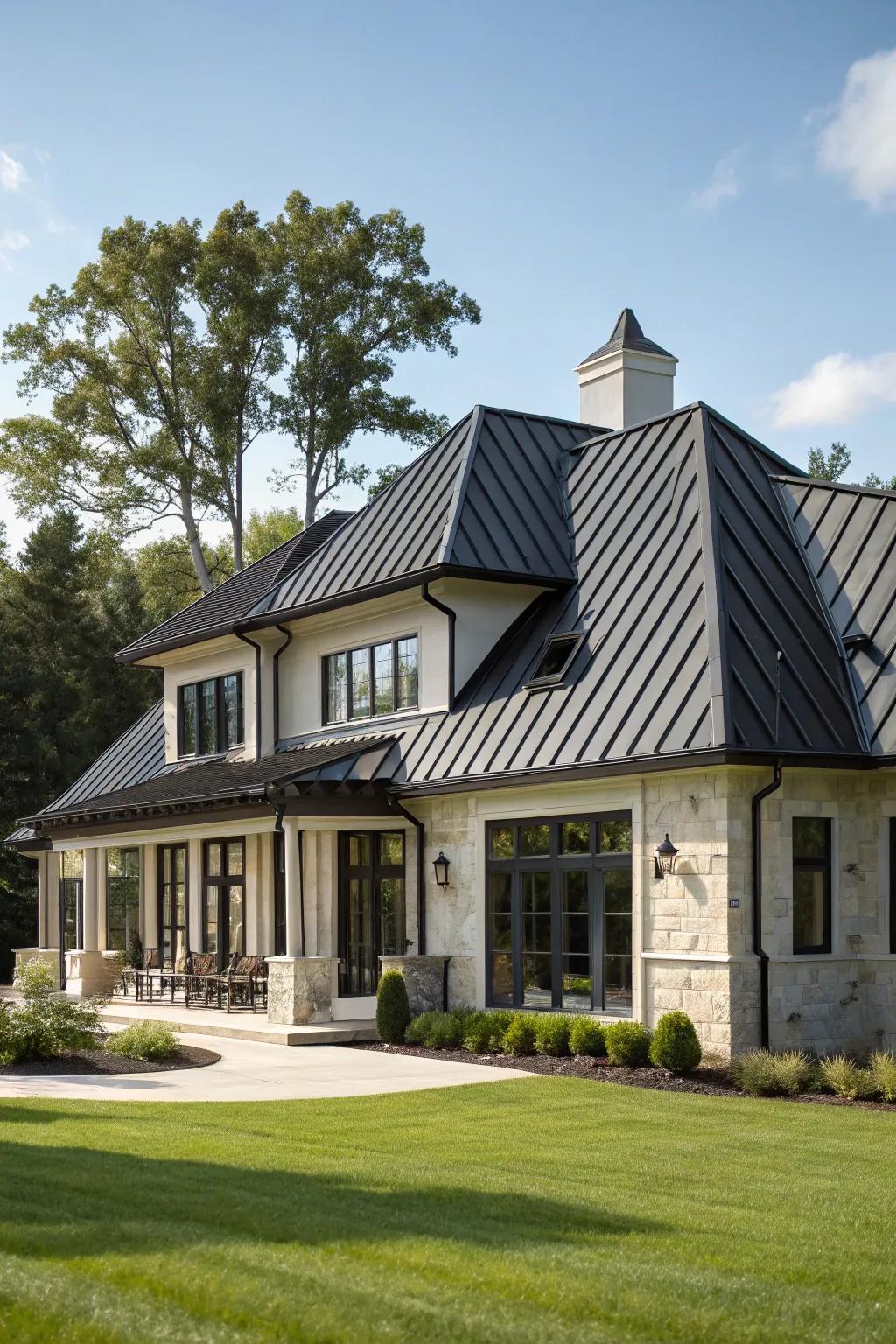 A luxury home with a black metal roof.