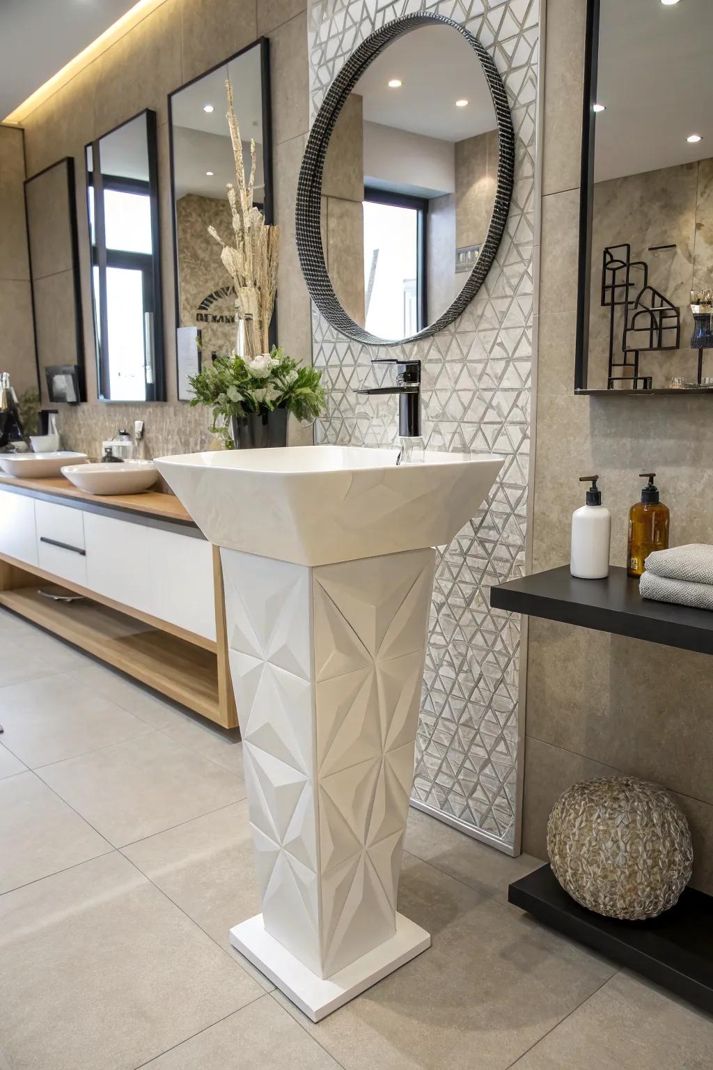 Artistic bathroom with a geometric pedestal sink.