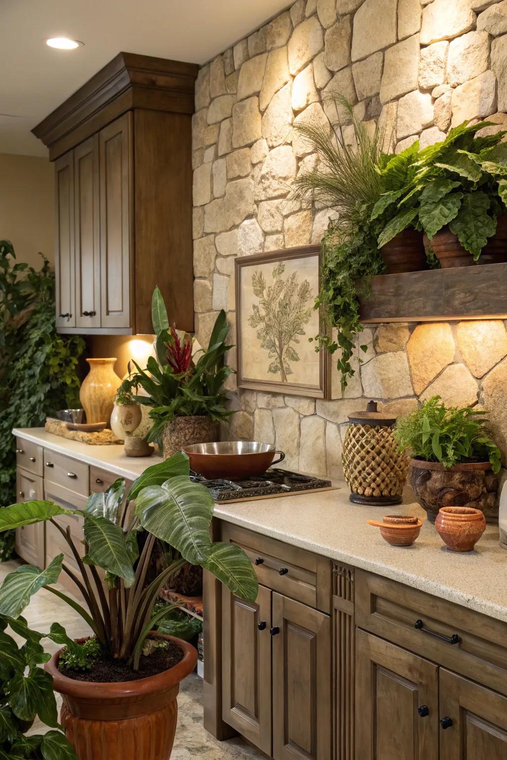 Plants and pottery complement the natural beauty of the stone backsplash.