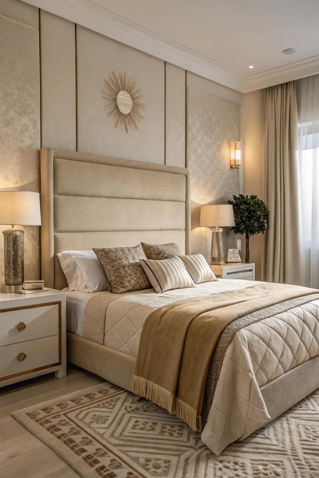 Monochromatic tones create a cohesive and elegant bedroom design.