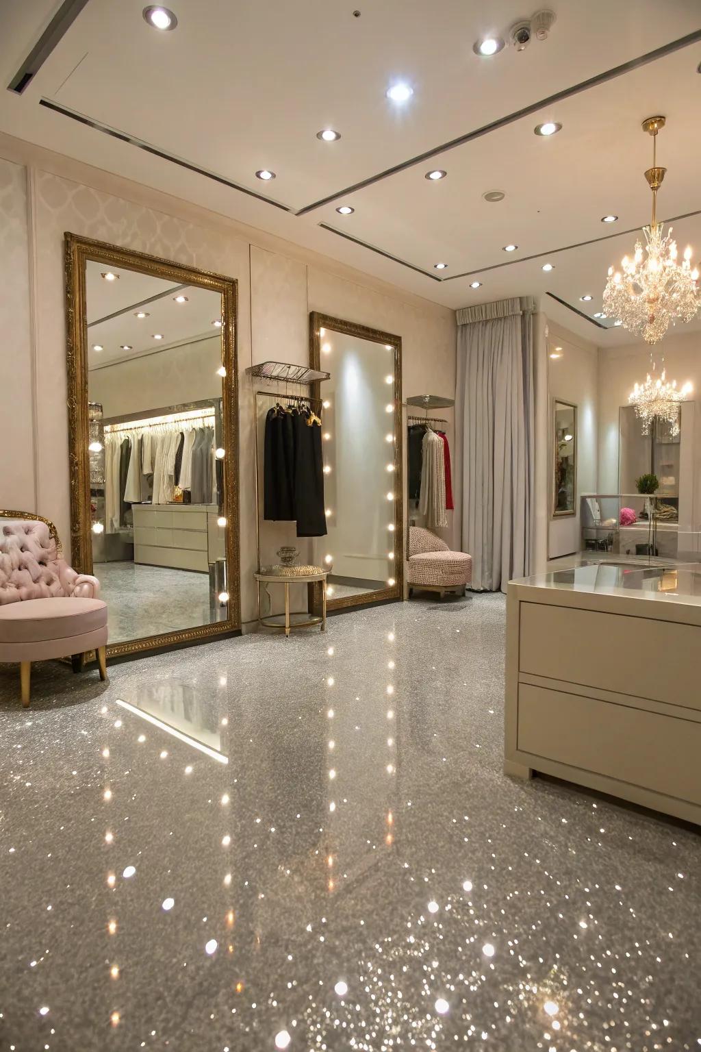A chic dressing room with a glitter epoxy floor.