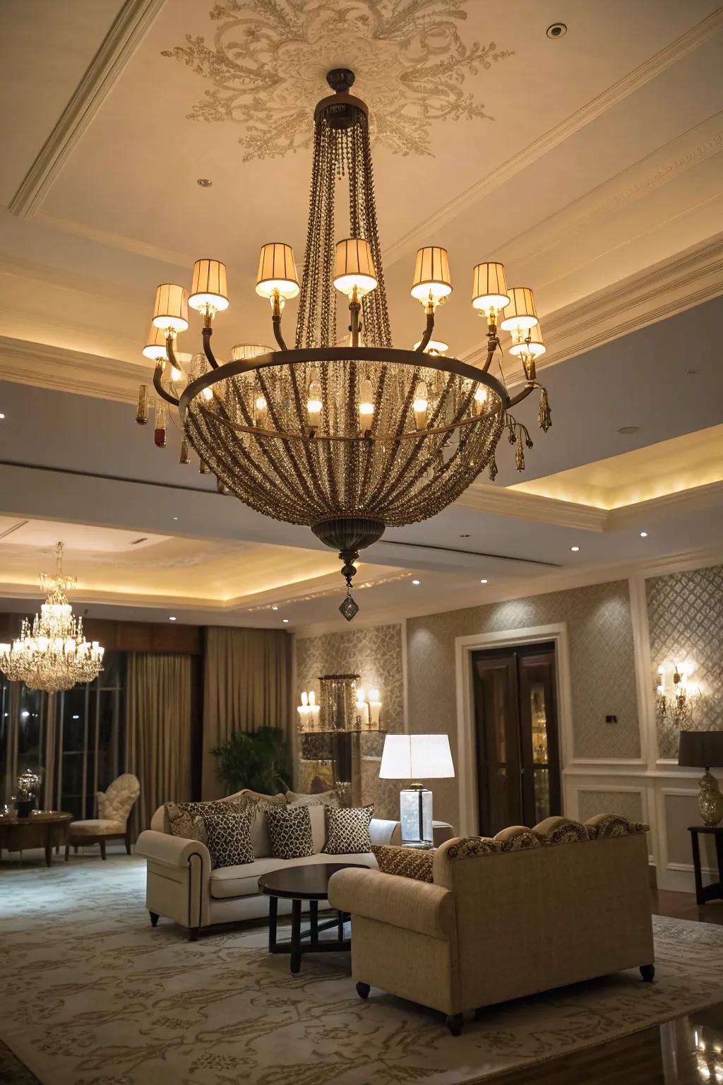 A unique lighting fixture becomes the centerpiece of the room.