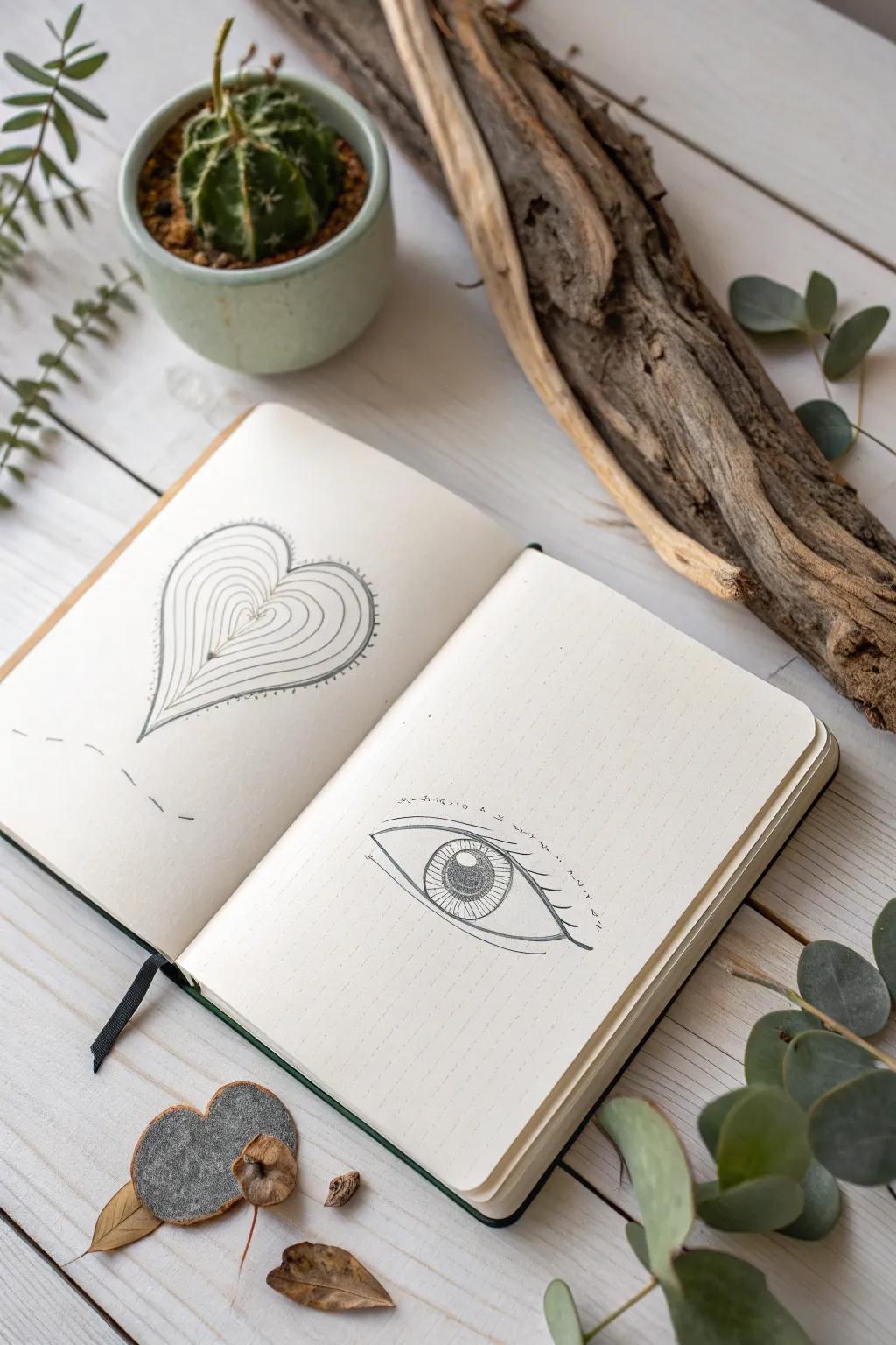 Discover the beauty of simplicity with symbolic hearts and eyes. Embrace timeless design in your art.
