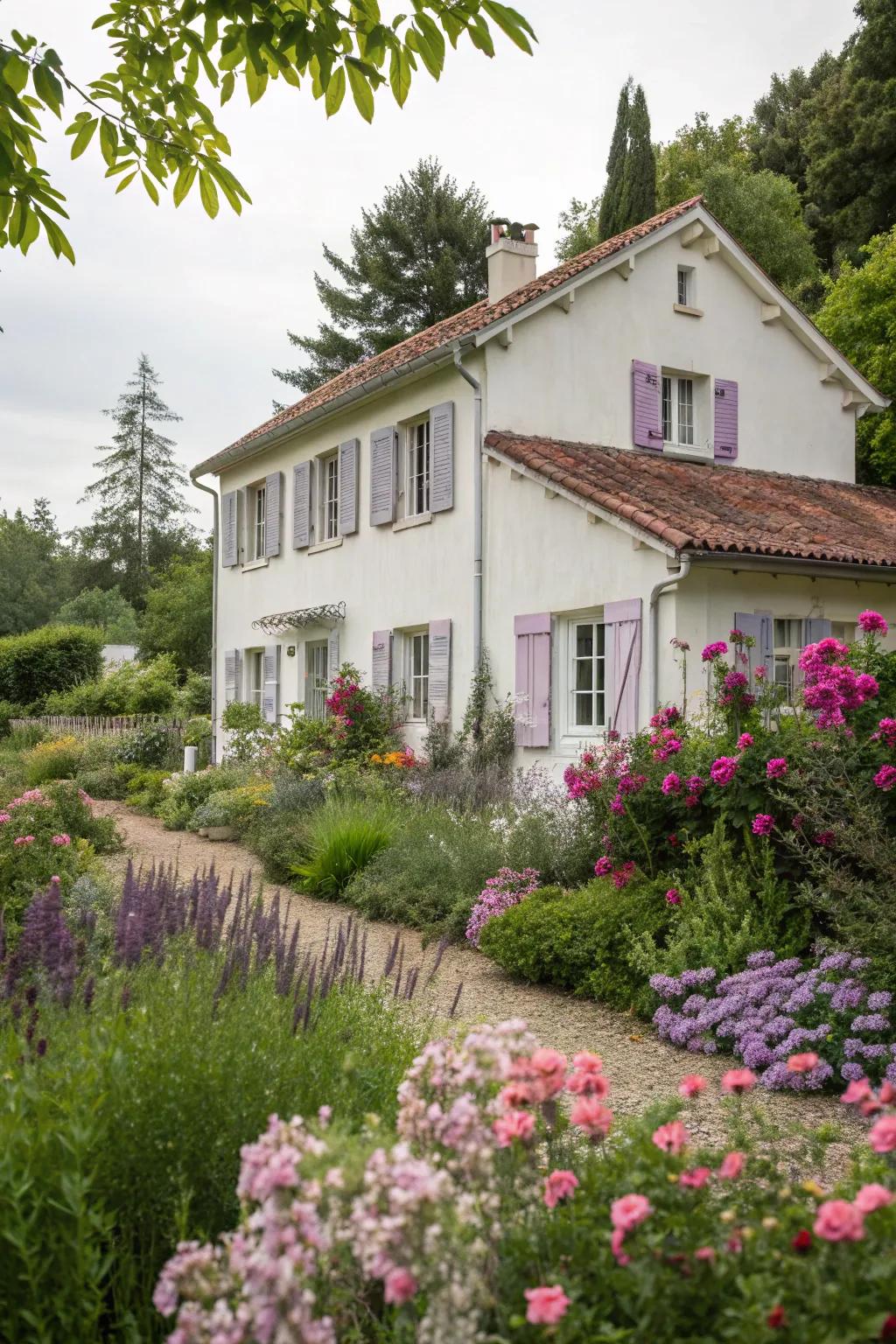 Lavender shutters add a gentle elegance to this blooming home.