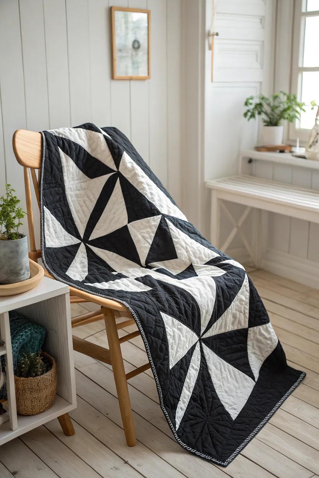 Discover the art of contrast with this stunning black and white quiltâwhere simplicity meets dramatic flair.