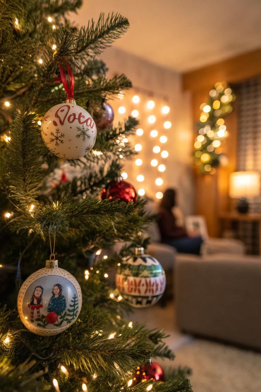 A Christmas tree adorned with personalized ornaments that tell unique stories.