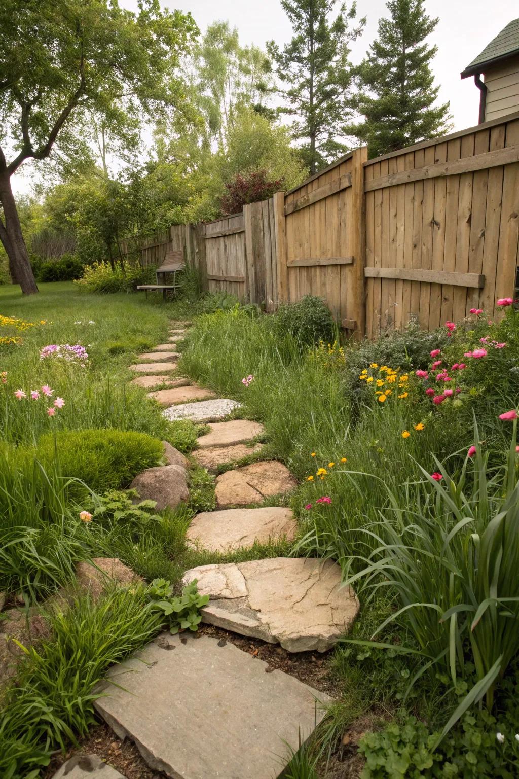 An elevated stone walkway adding dimension to the garden.