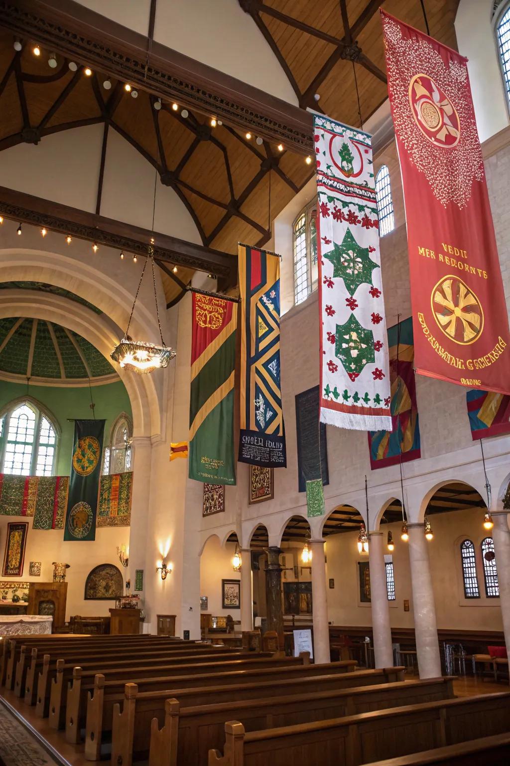 Cultural banners celebrate diversity and inclusivity within the church.