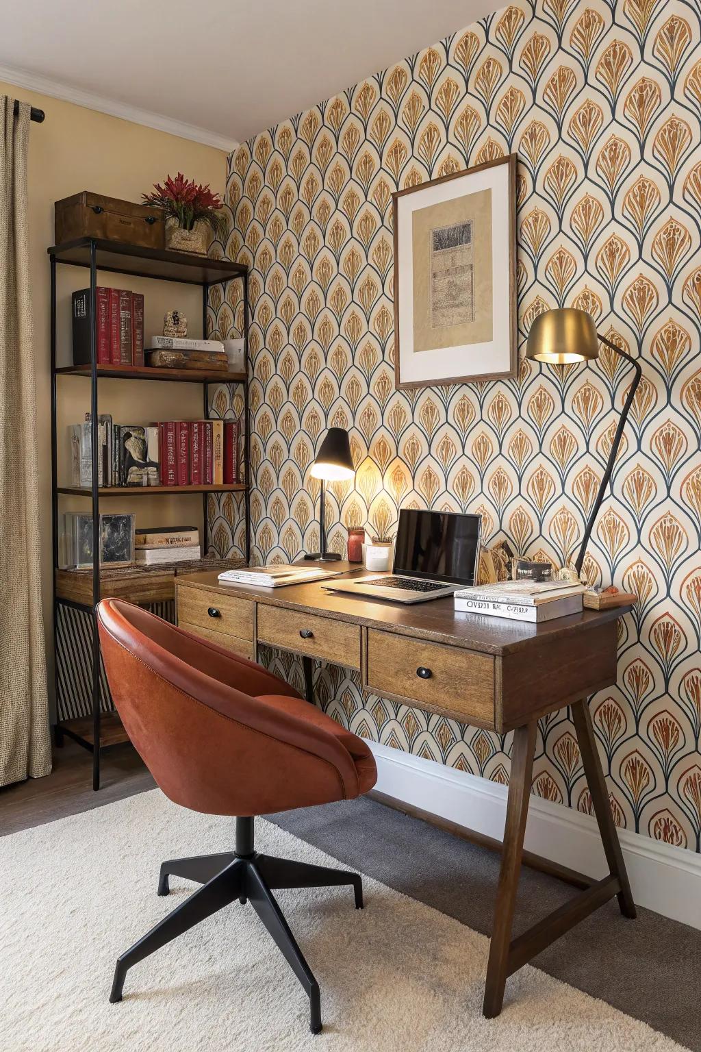Home office with bold wallpaper and functional furniture.