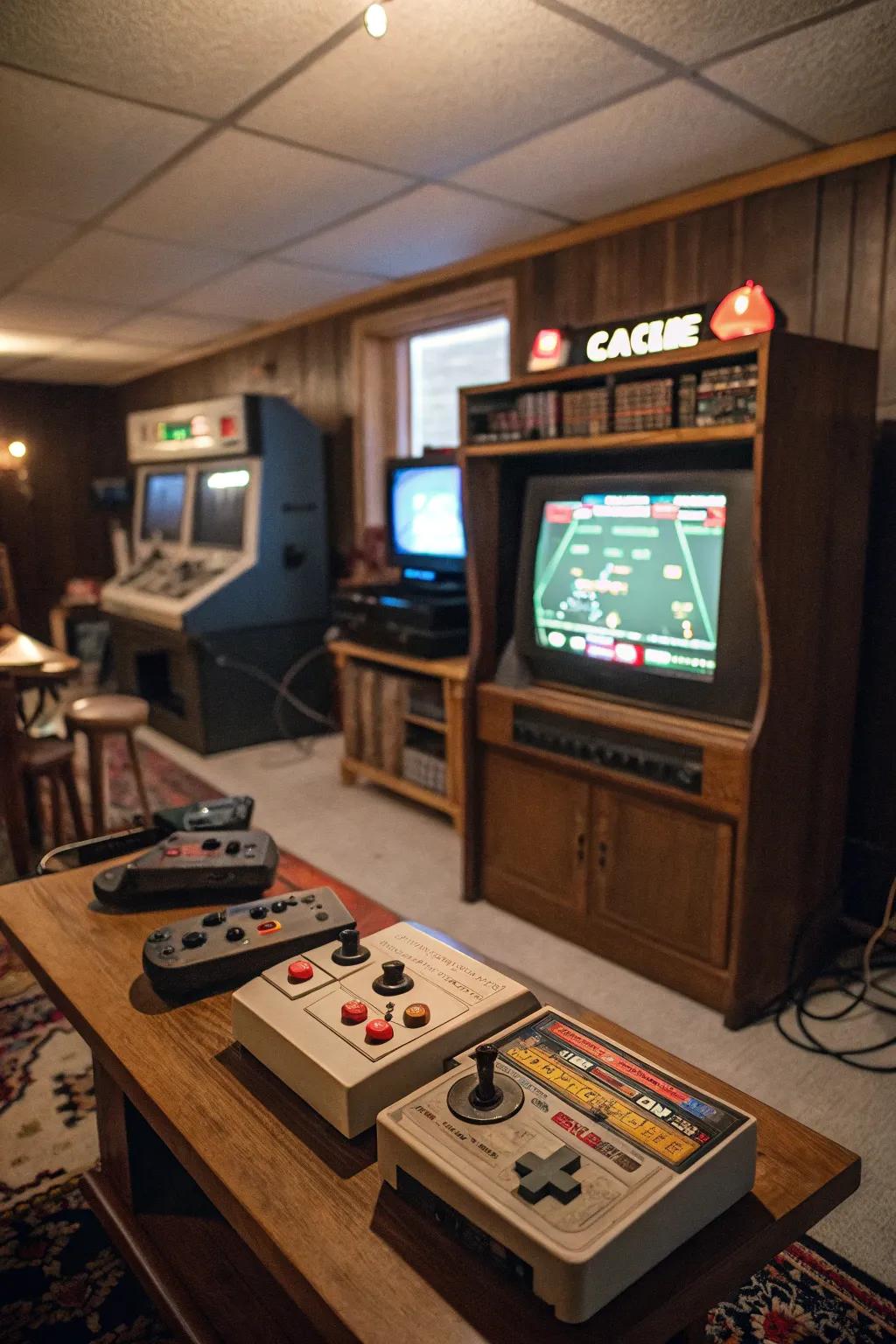 Retro consoles paired with a CRT TV create a genuine vintage vibe.