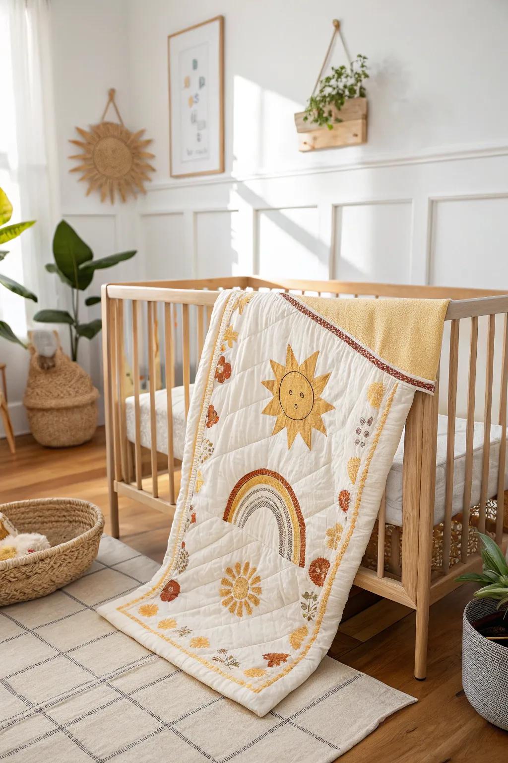Embrace the warmth of sunshine with this stunning sun-themed baby quilt, perfect for a cozy and inviting nursery.