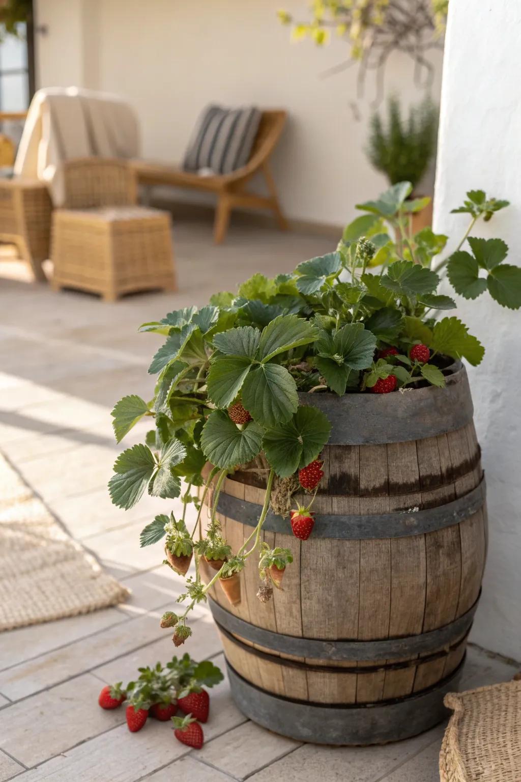 Transform your space with a touch of rustic elegance: DIY wine barrel strawberry planters.