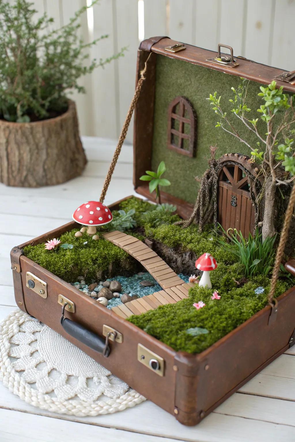 Unleash your inner storyteller with this enchanting suitcase fairy gardenâwhere every journey begins a new tale.