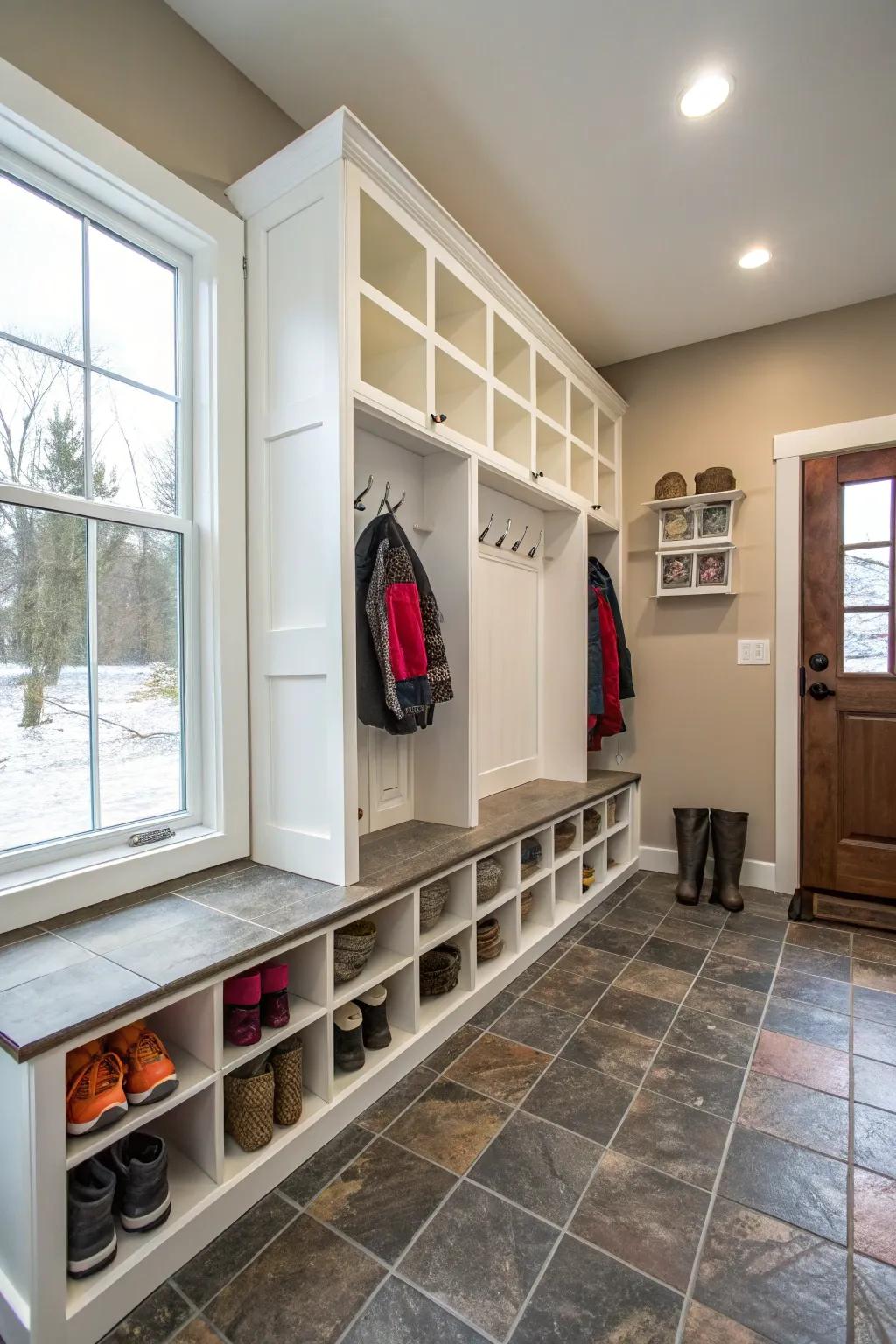 Durable flooring ensures this mudroom stands the test of time.