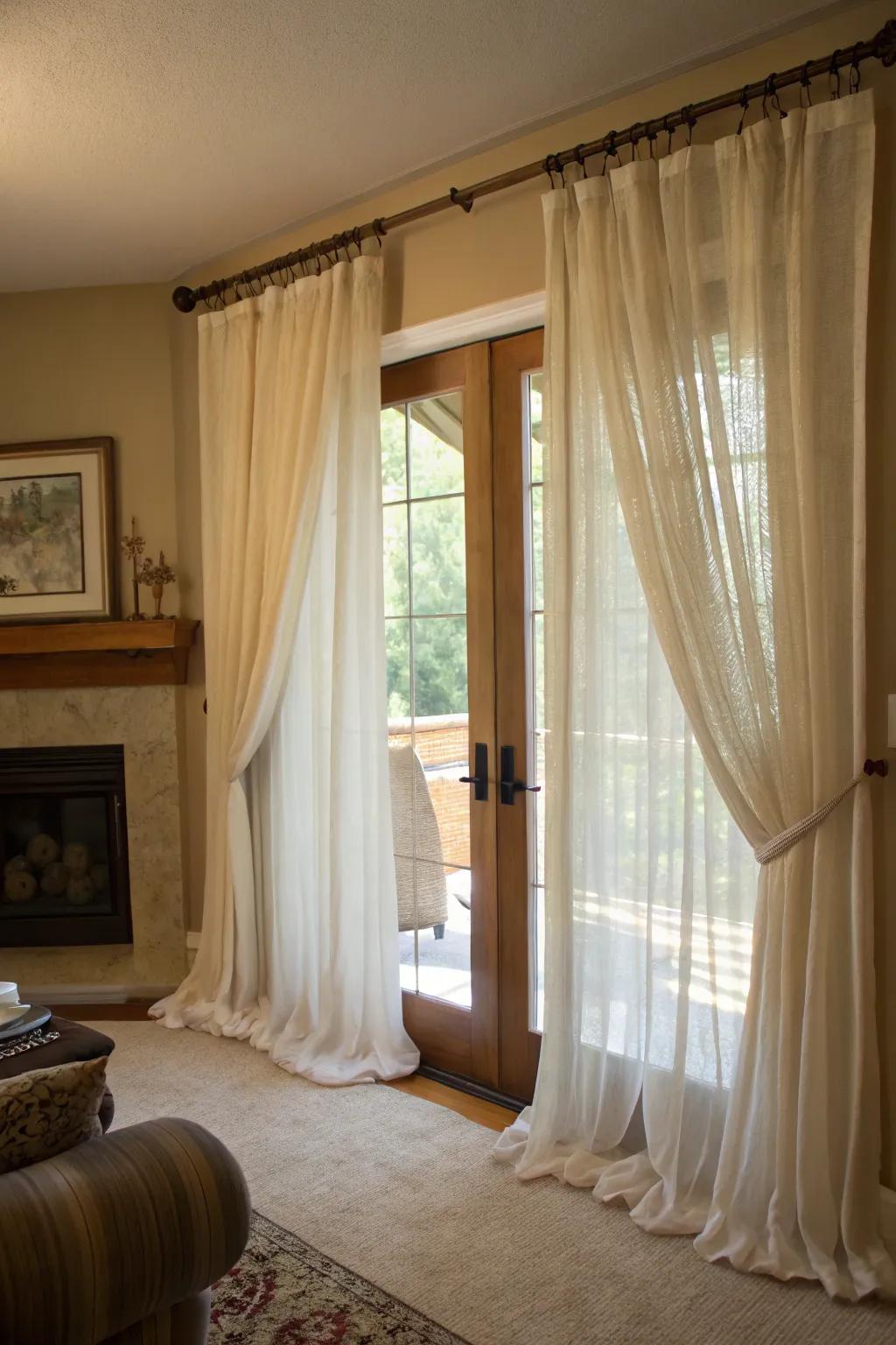 Double curtains offering versatility with sheer and heavy layers on French doors.