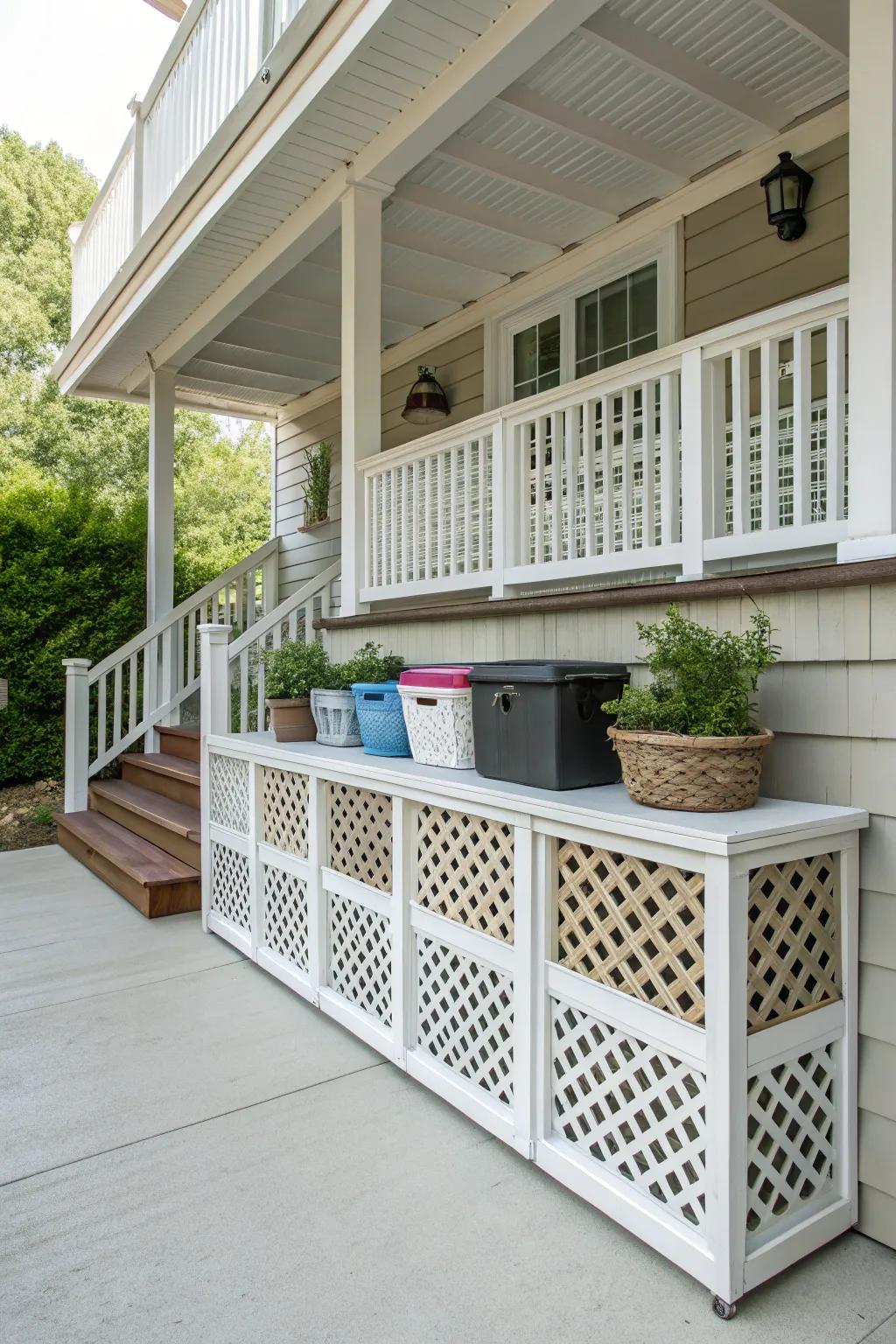 Keep your porch neat with lattice-enclosed storage solutions.