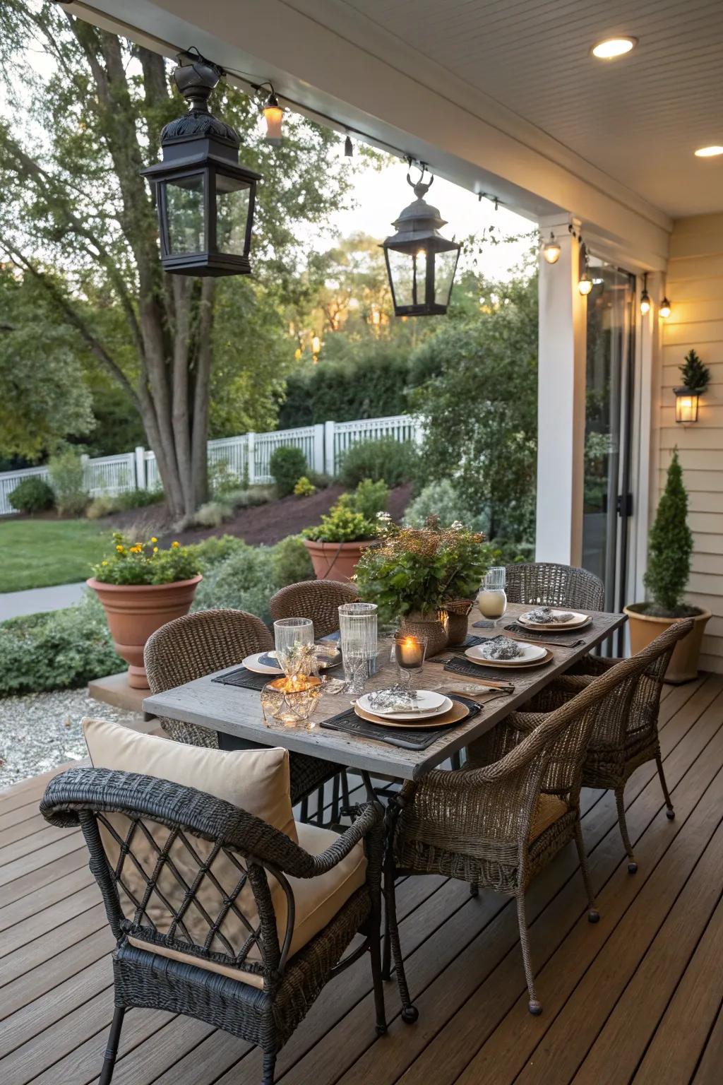 An inviting outdoor dining area on a walkout basement patio.