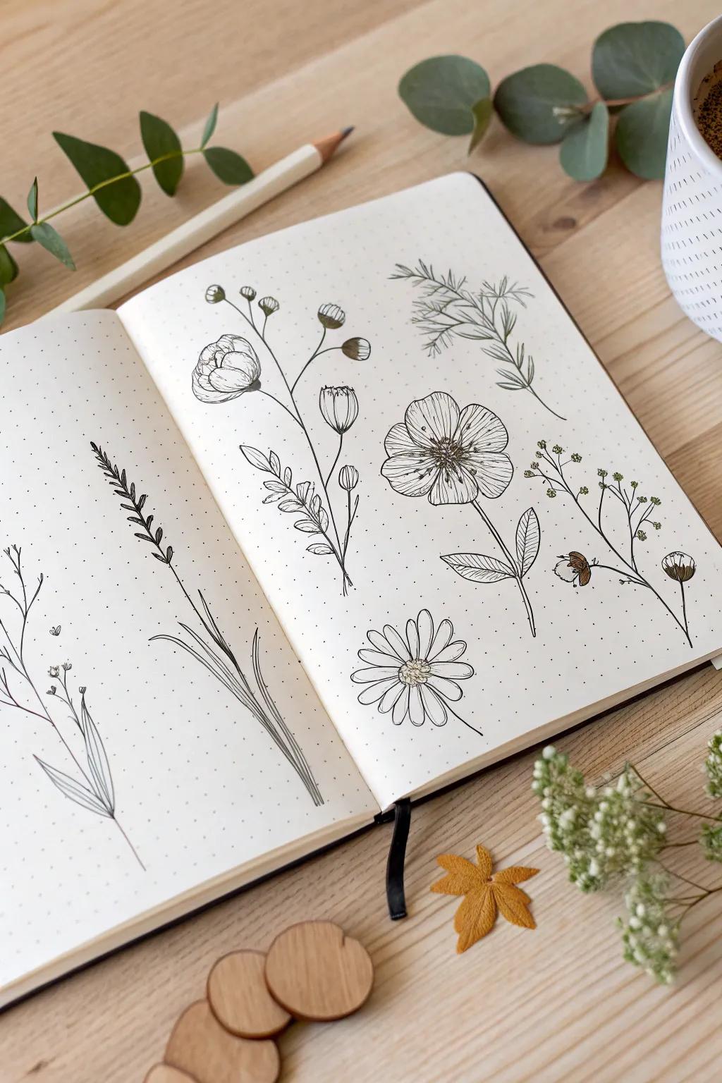Transform your bullet journal into a botanical wonderland with these elegant flower sketches. #BotanicalBeauty #ScandinavianMinimalism