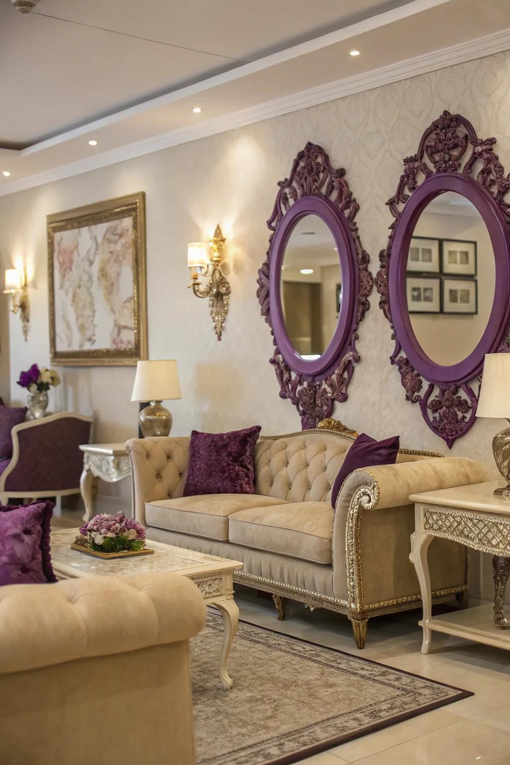 Purple decorative mirrors adding depth to the living room.