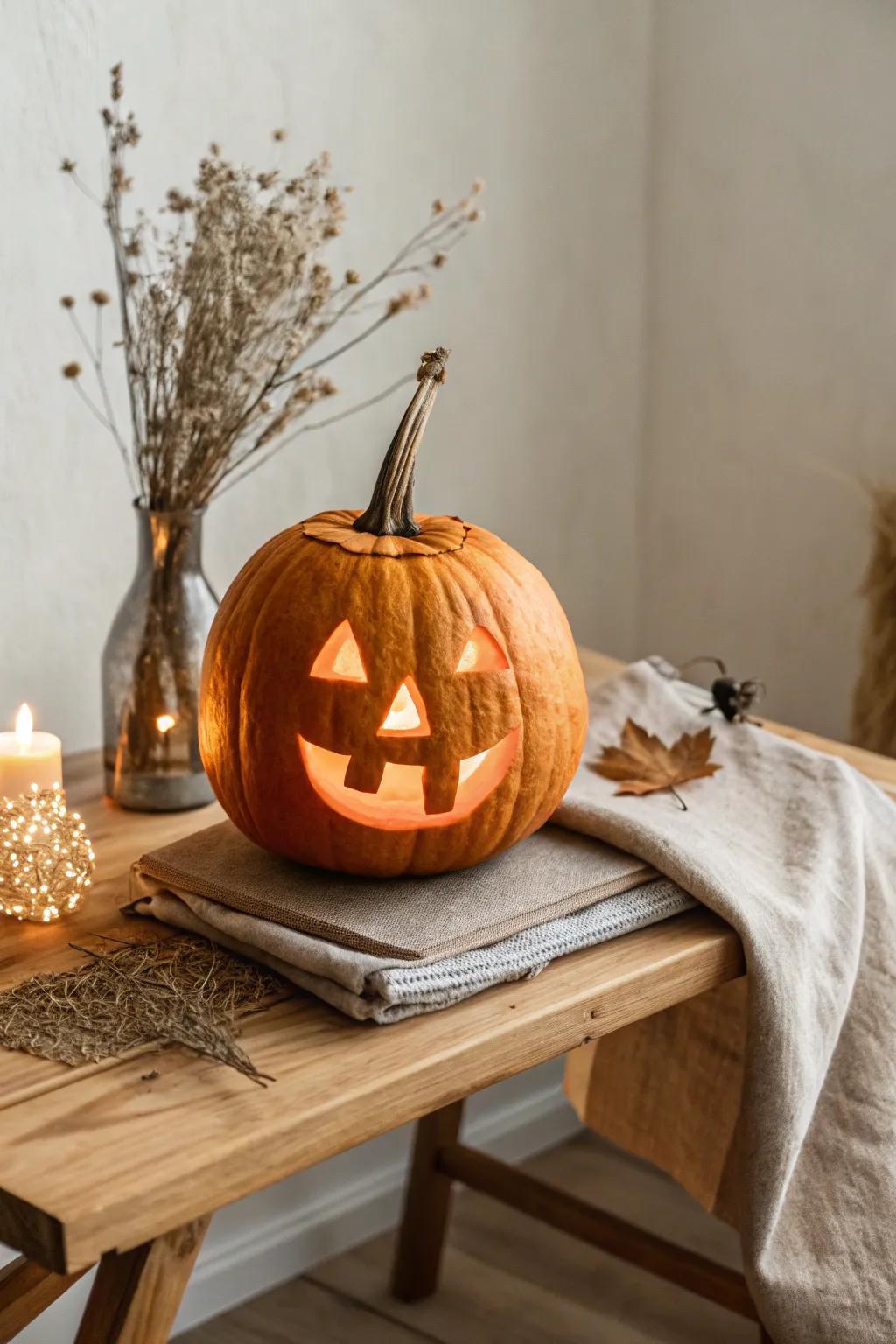 Embrace the timeless charm of a classic smiling jack-o'-lantern, bringing warmth and joy to your doorstep.
