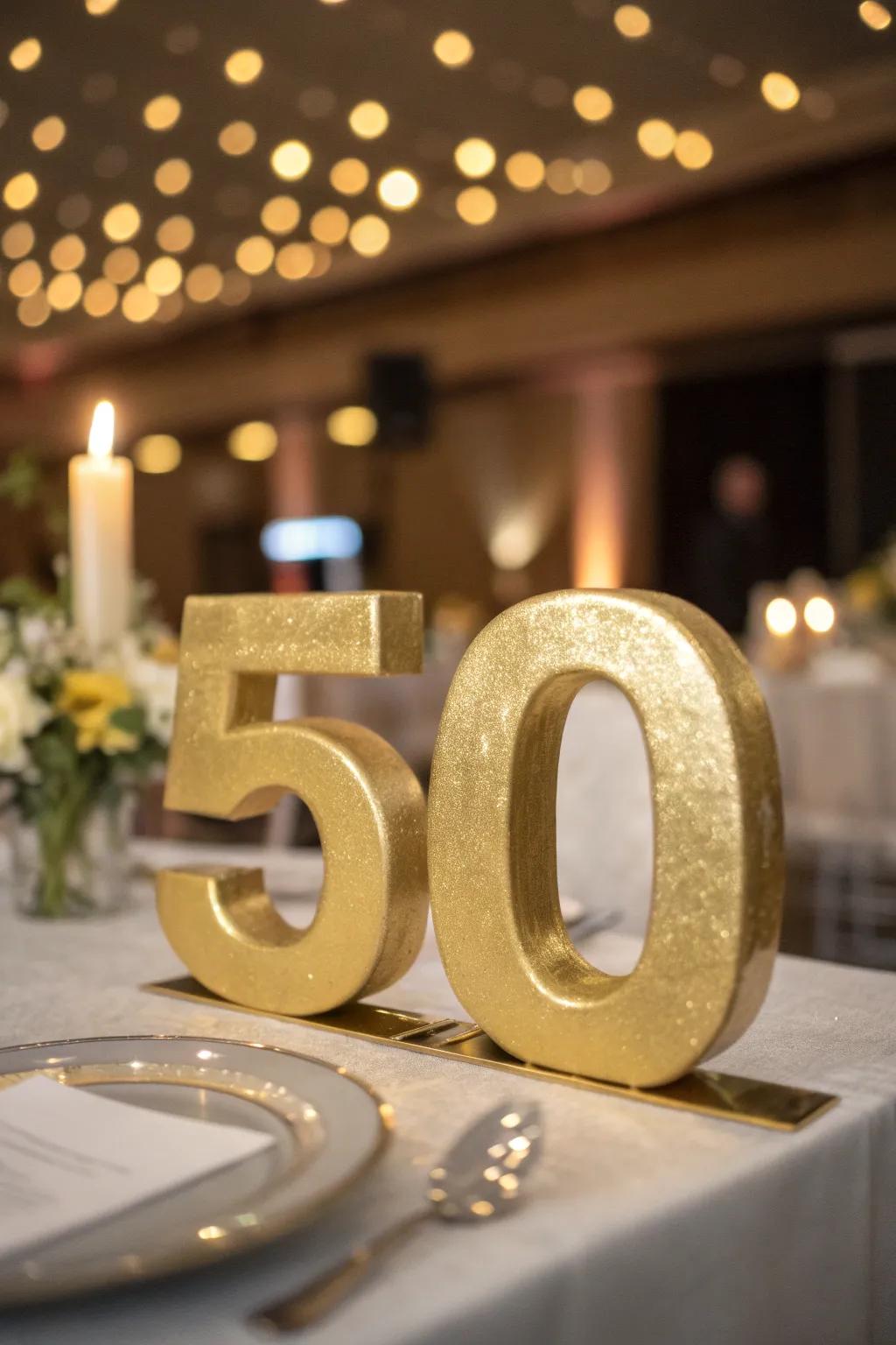 An elegant centerpiece featuring gold numbers '50'.
