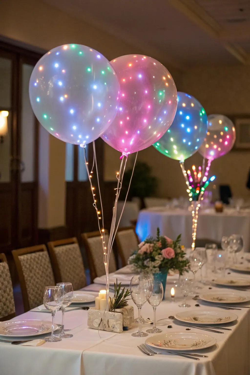 Floating balloon centerpieces with LED lights.