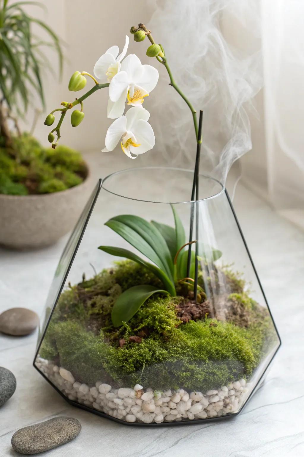 Embrace the enchanting allure of orchids with a mystical fog effect for ultimate tranquility.