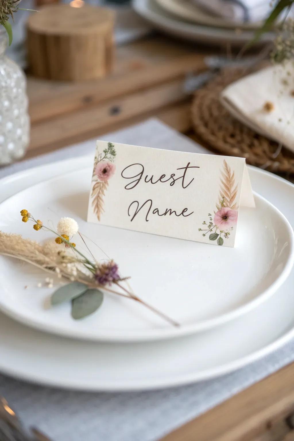 Elevate your tea party with personalized place cards that blend minimalist elegance with boho charm.