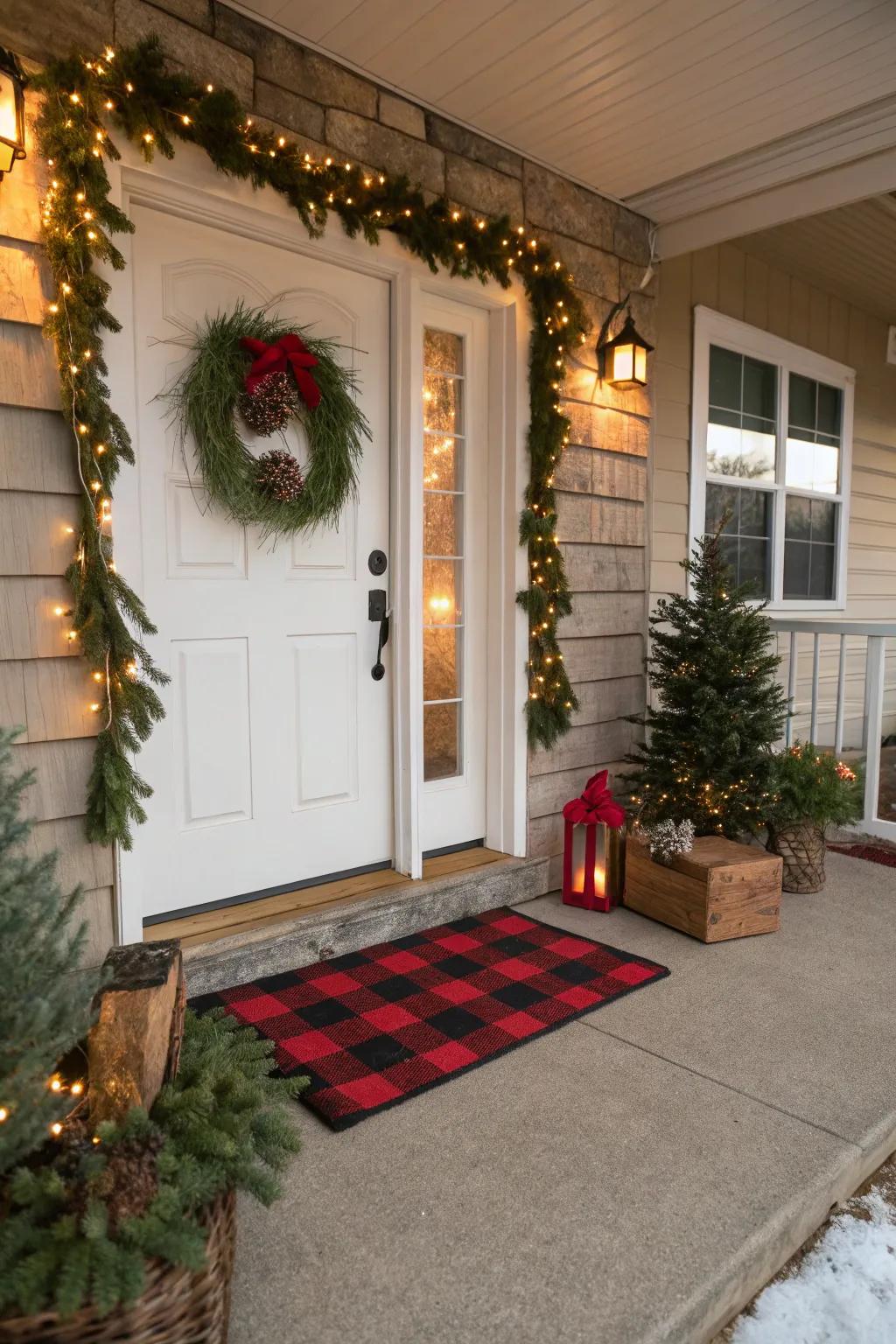 A festive plaid door mat on a front porch