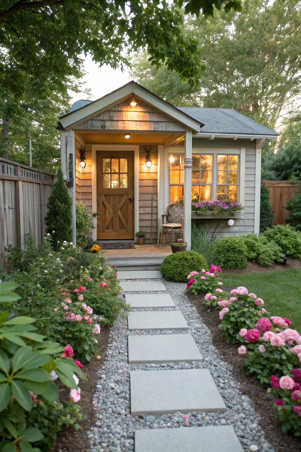 A welcoming entrance creates an inviting approach to your shed office.