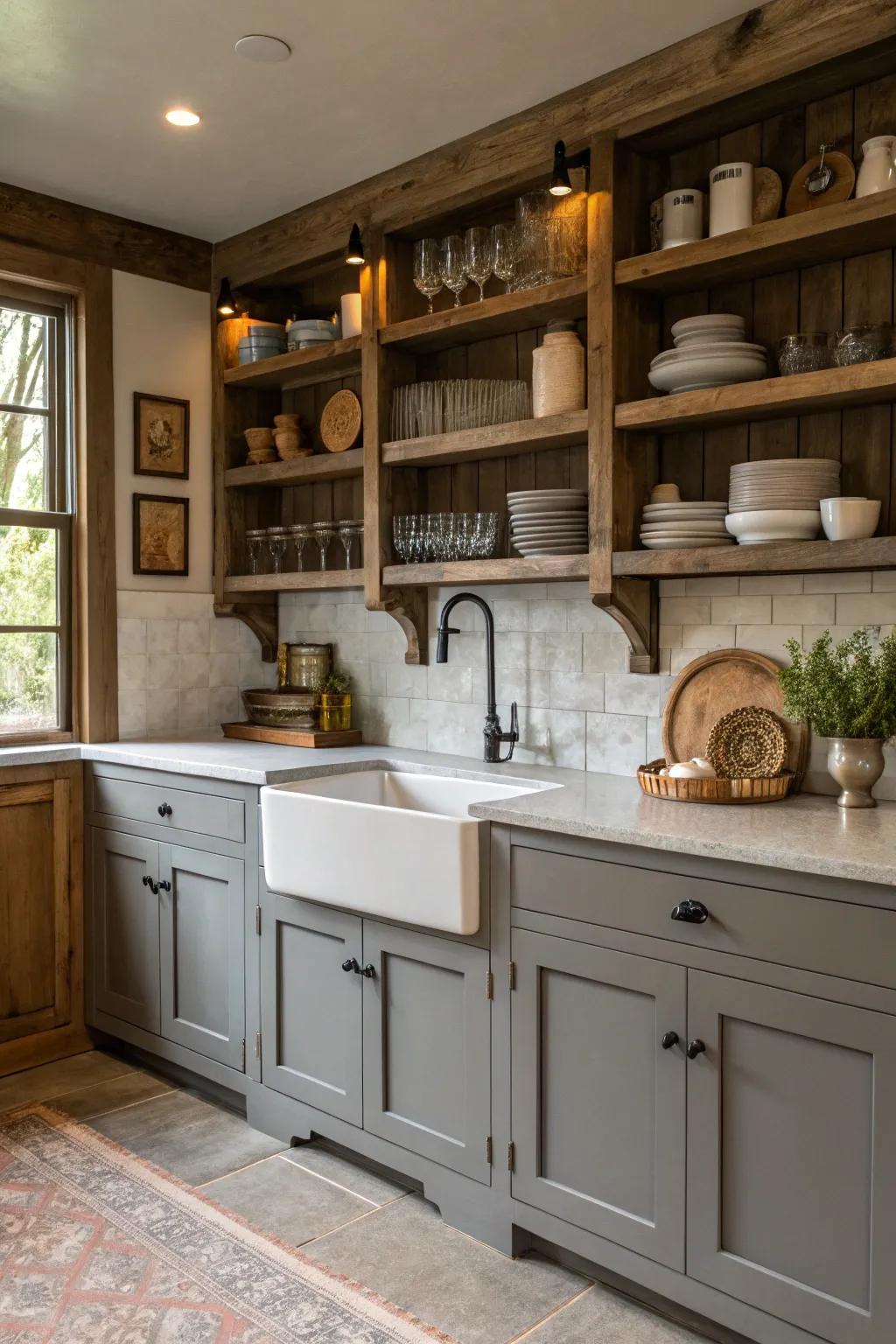 Blend modern and rustic with farmhouse elements in a grey kitchen.