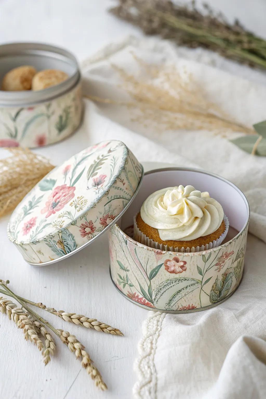 Add a touch of nostalgia to your cupcakes with vintage-inspired tins. Perfect for a charming, minimalist presentation.