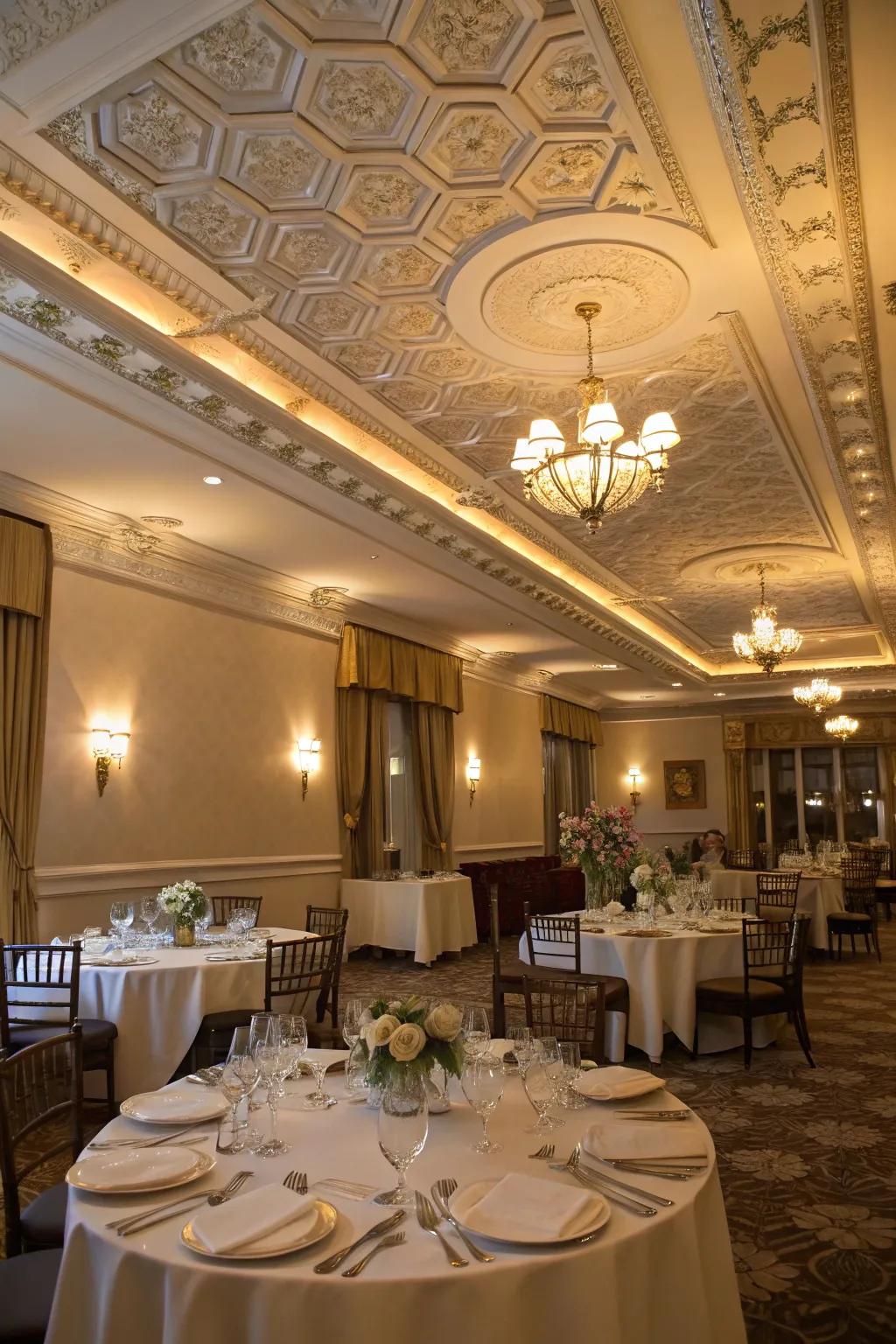 Crown molding highlights the ceiling, creating an elegant dining space.