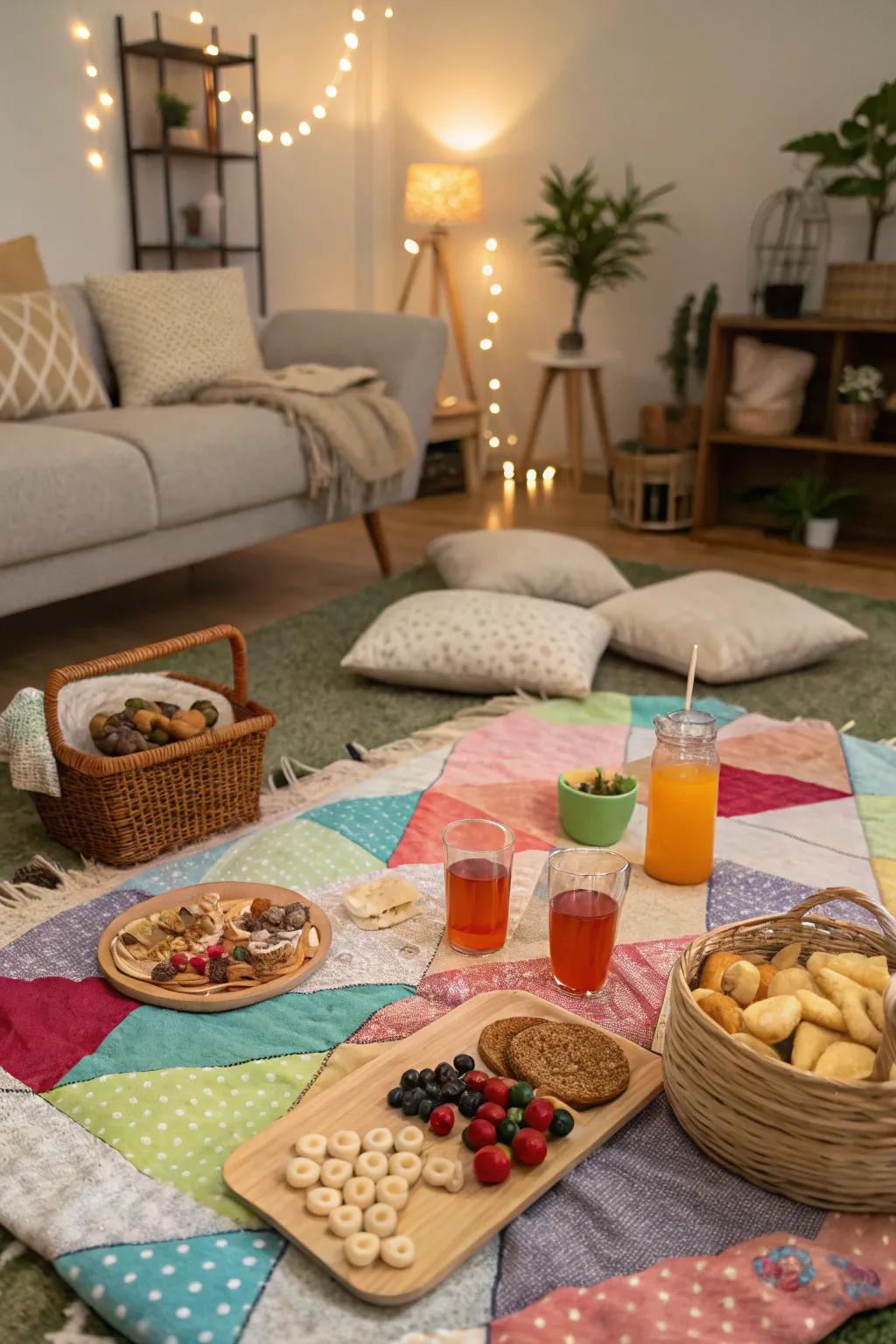 A cozy indoor picnic perfect for rainy days.