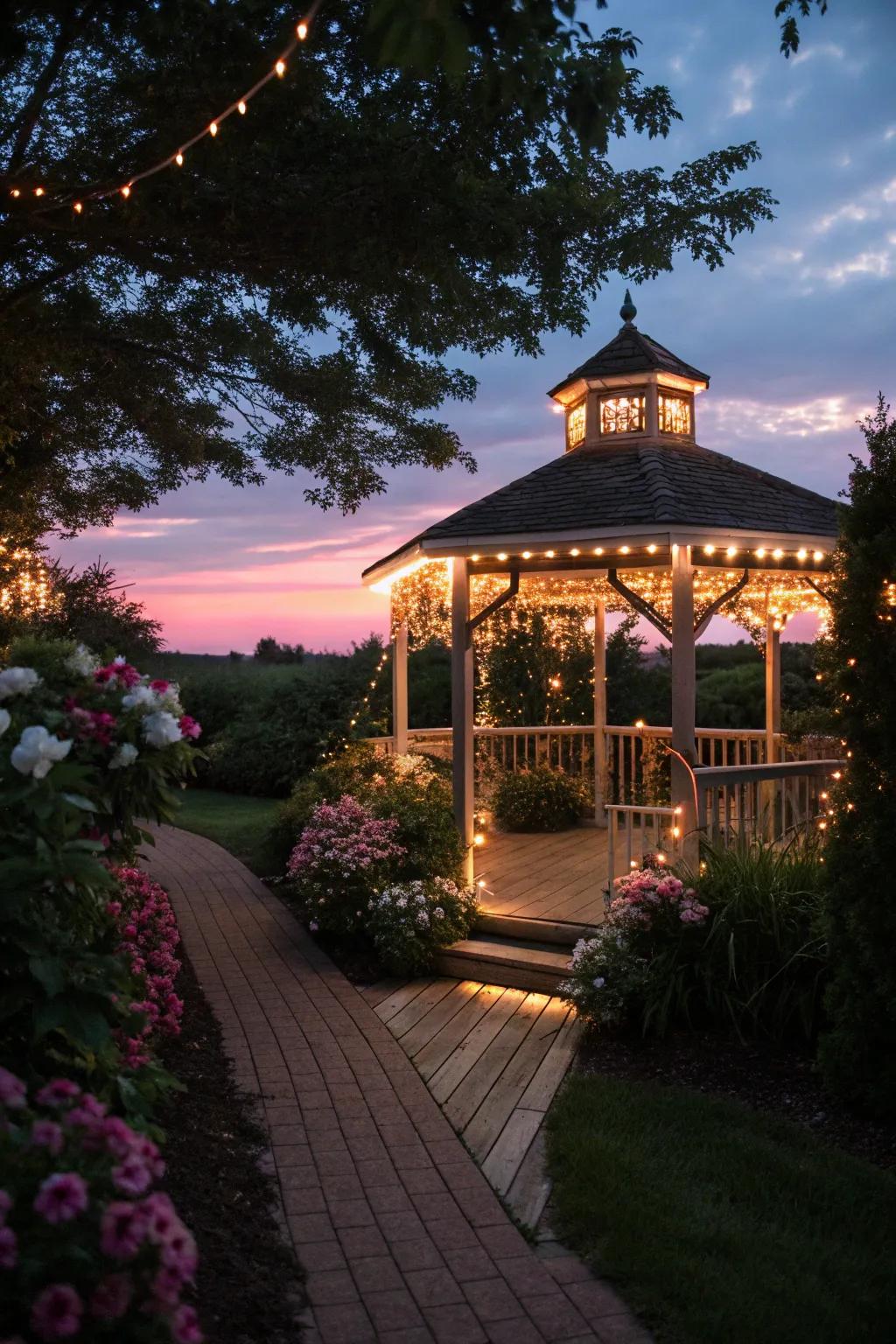 String lights add a touch of magic to this garden gazebo.