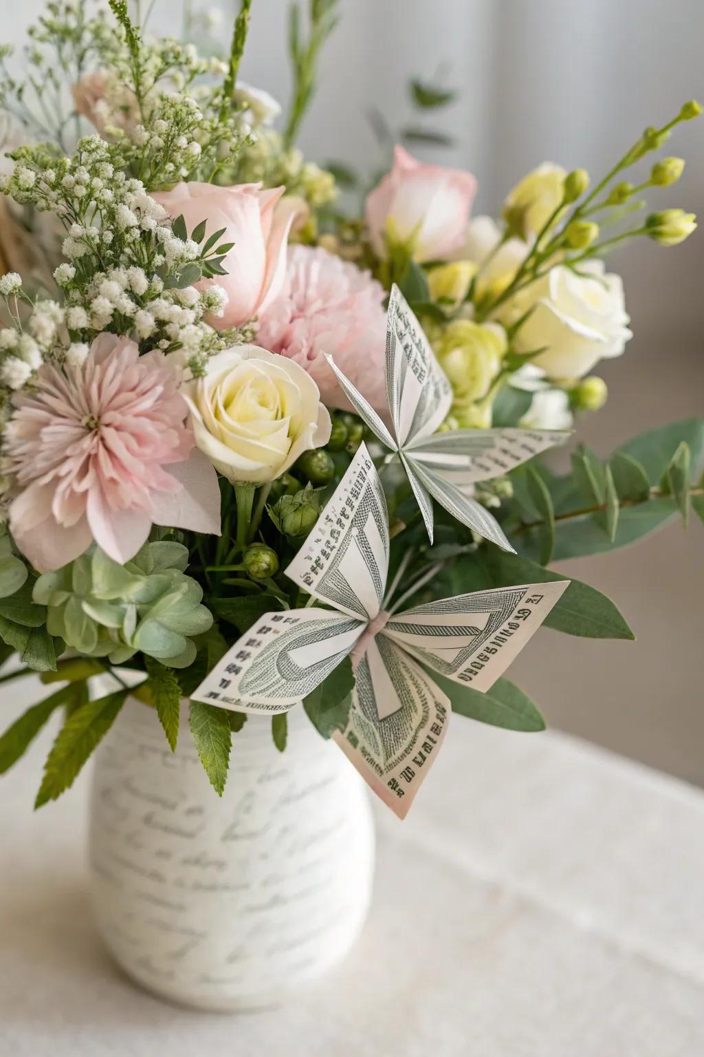 Transform simplicity into elegance with money butterflies blooming in a pastel bouquet.