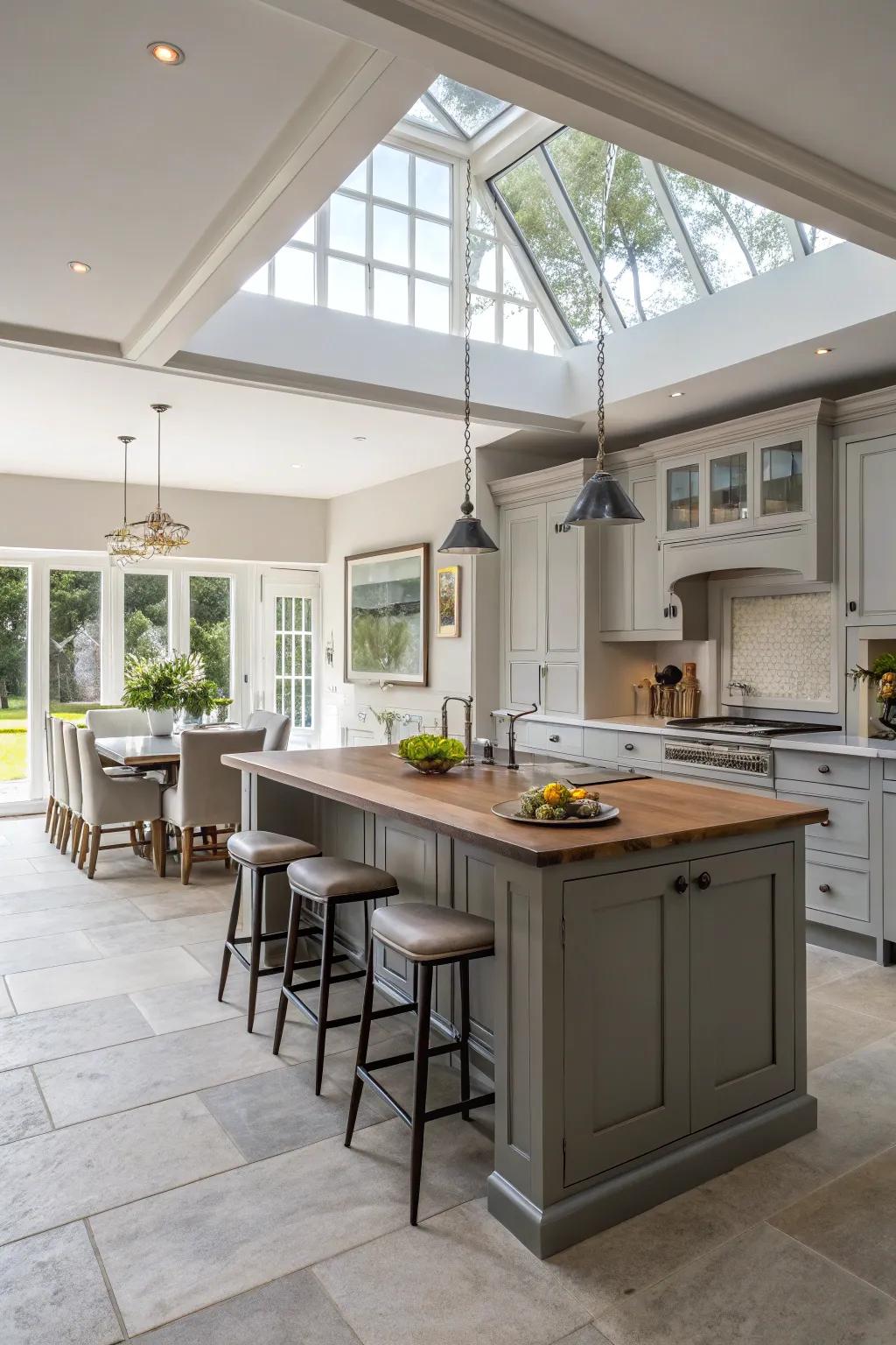 Enjoy the airy feel of an open kitchen layout with grey cabinets.