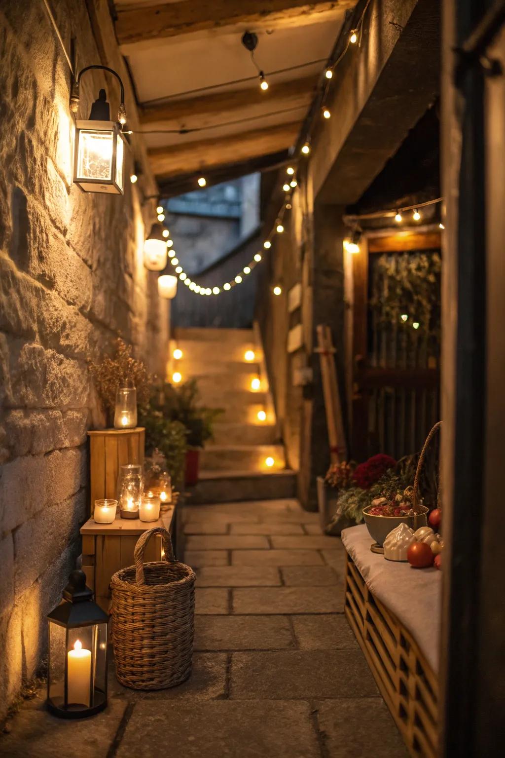 Accent lighting enhances mood and depth in narrow spaces.