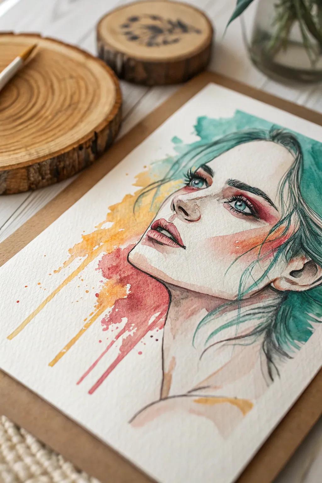 Embrace the beauty of bold colors and abstract forms with this expressive watercolor portrait, where craftsmanship meets vibrant imagination.