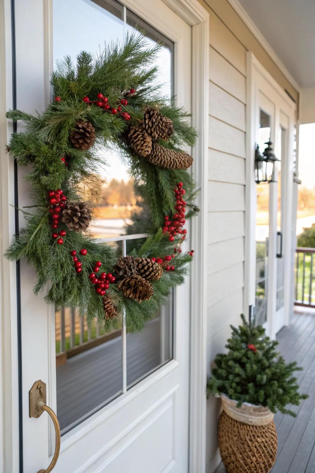A classic evergreen wreath with pinecones and red berries