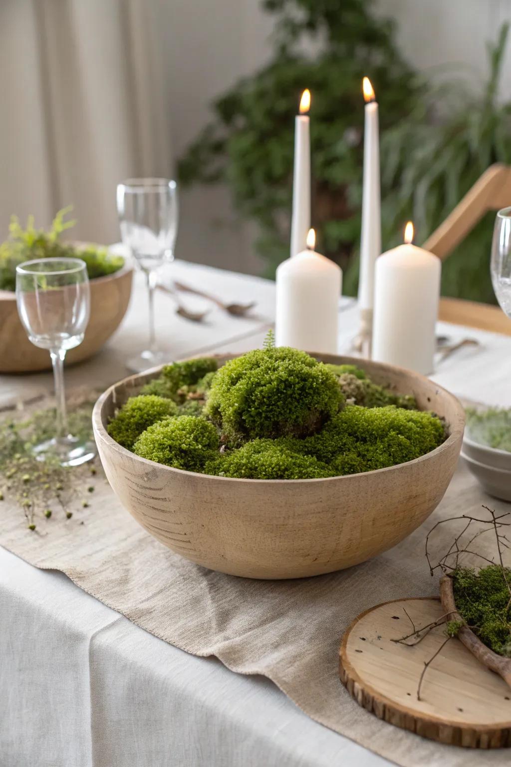 Elevate your dining experience with a touch of nature: a stunning moss centerpiece that exudes simplicity and elegance.