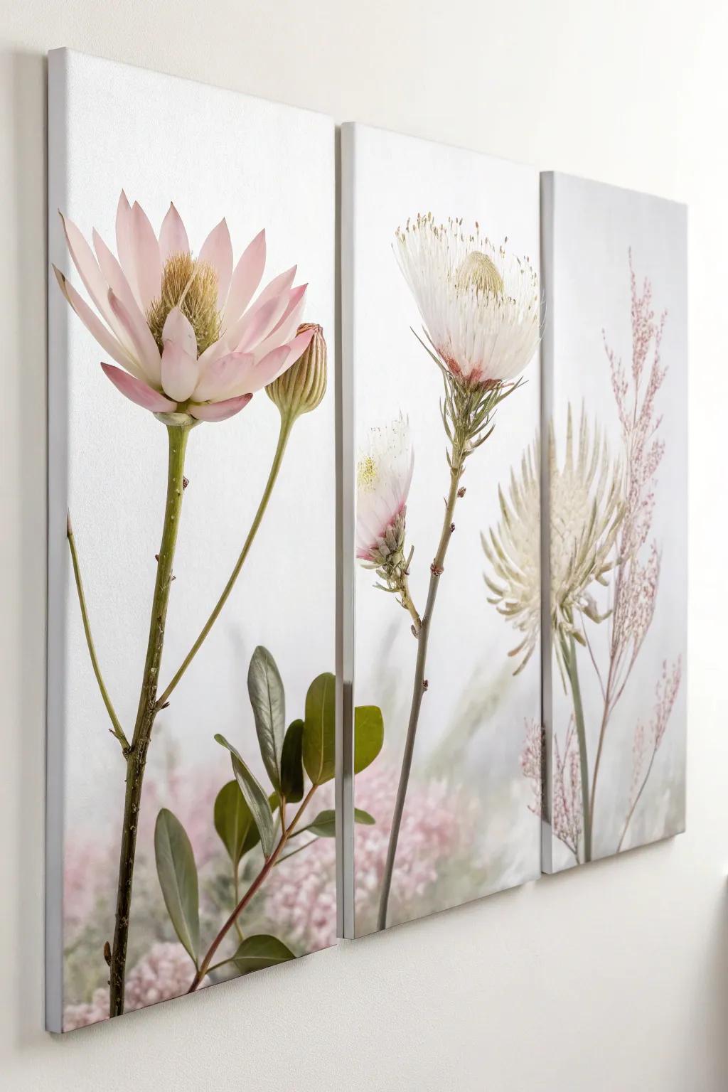 Invite nature's elegance into your space with a floral symphony in three panels.