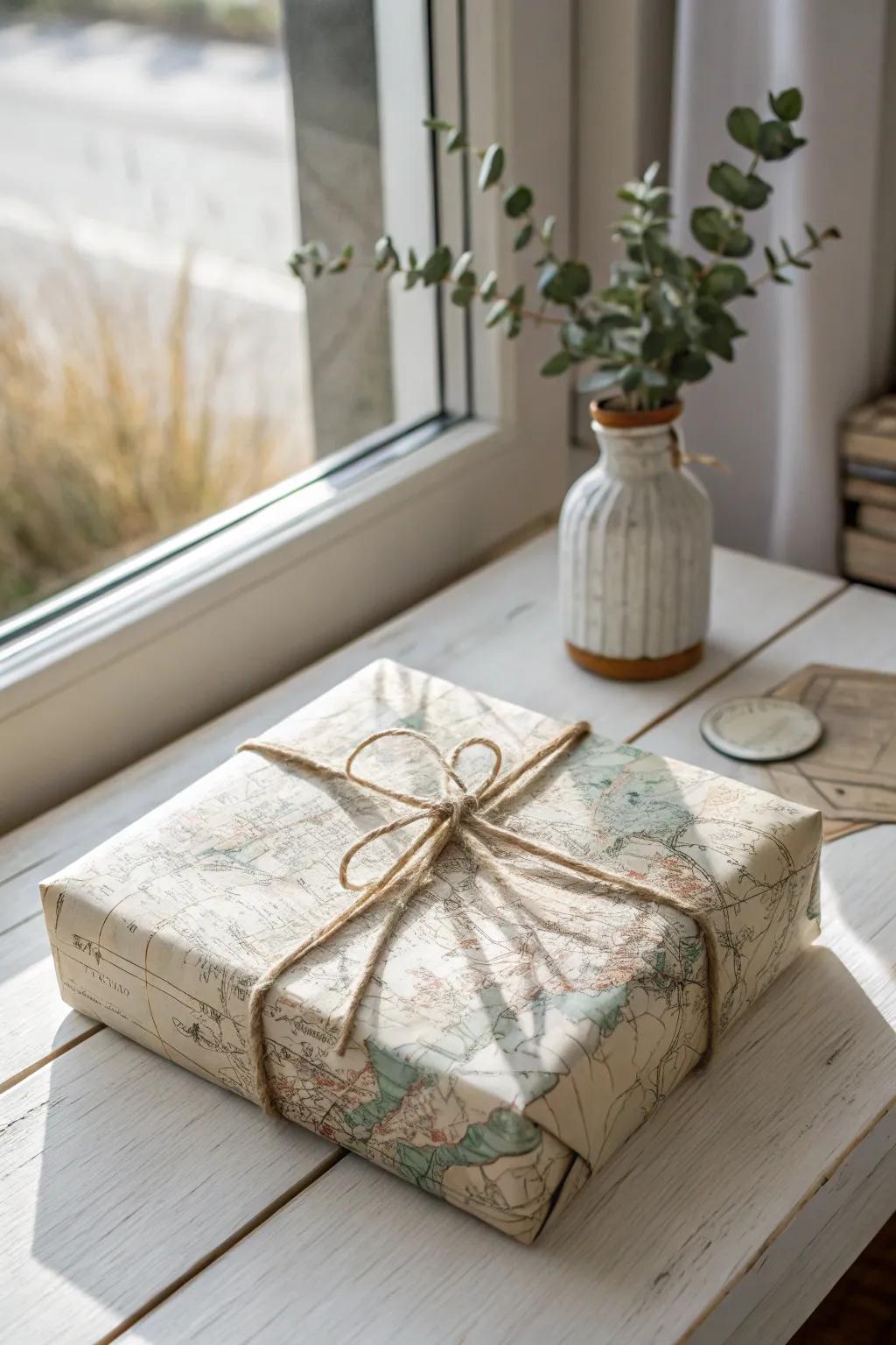 Embrace sustainable elegance: Wrap your gifts with vintage maps for a unique and thoughtful touch.