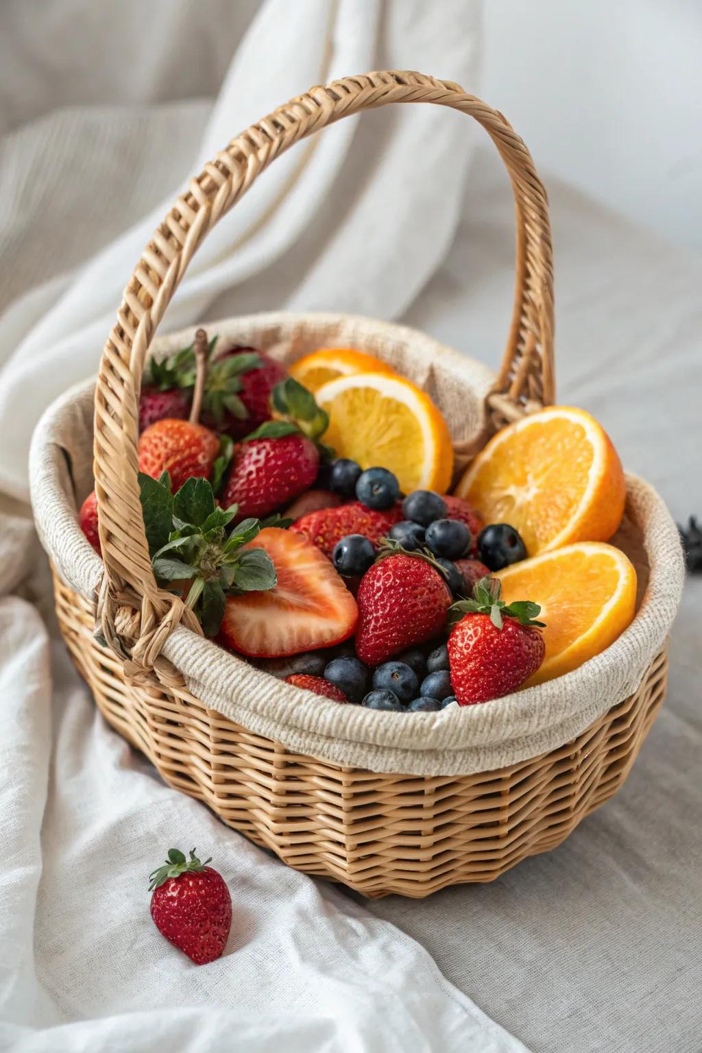 Brighten your day with a burst of color and freshness from this beautifully curated fruit basket, perfect for a chic and healthy brunch.