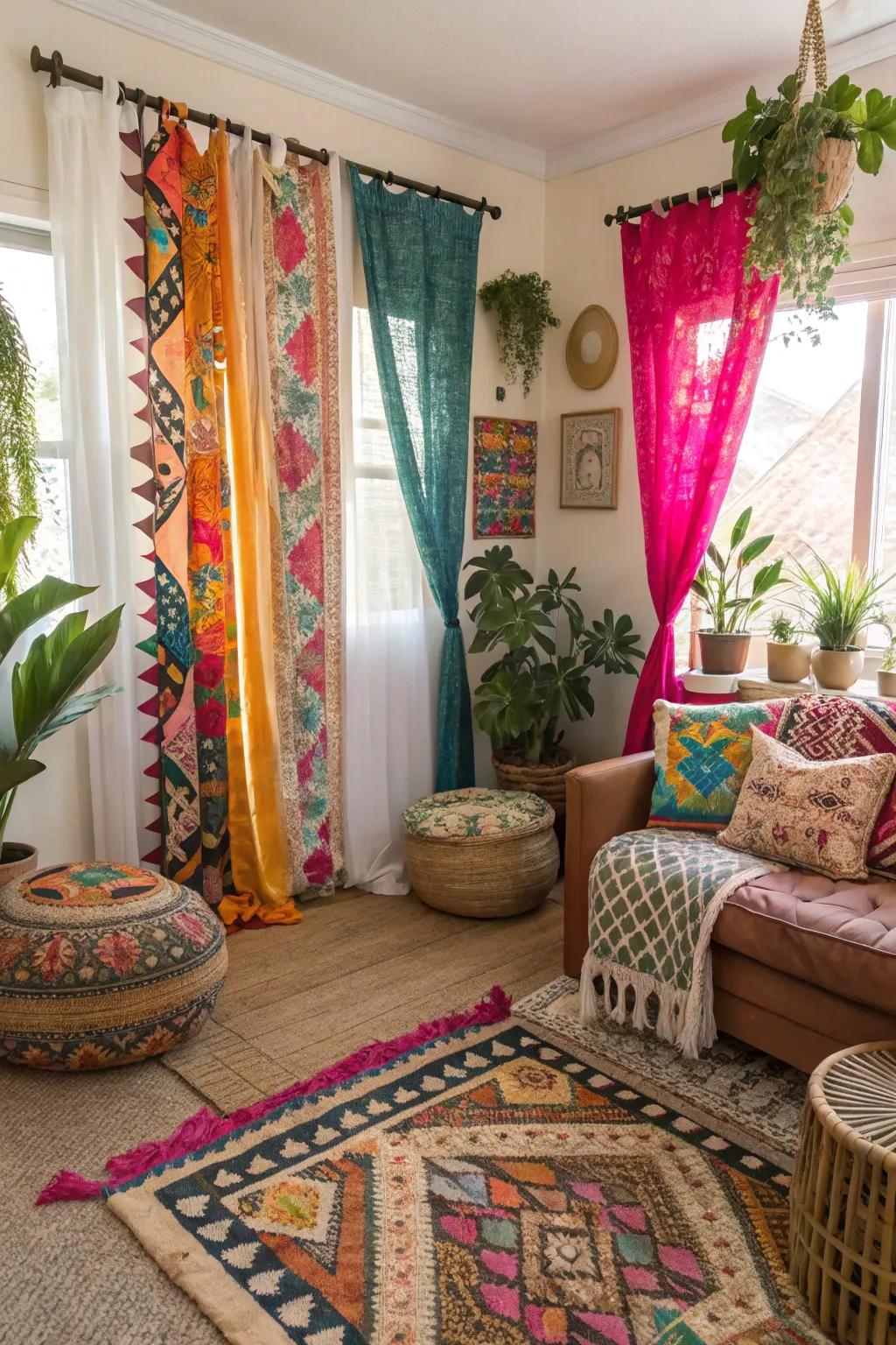 Funky scarf curtains add a vibrant, bohemian touch.