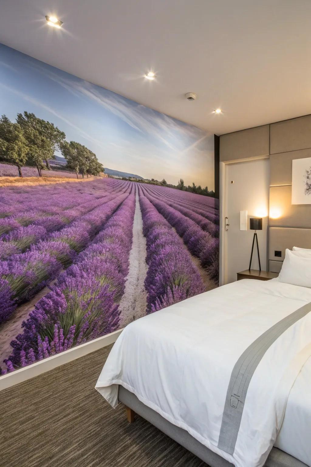A lavender field mural brings a sense of calm and relaxation.