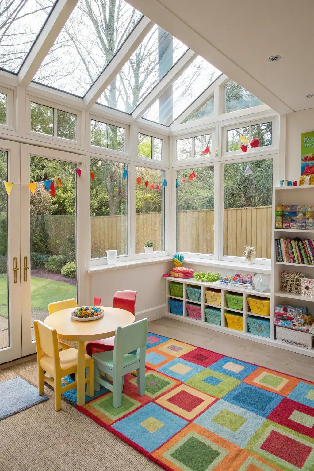 A sunroom play area thatâs both fun and functional for children.